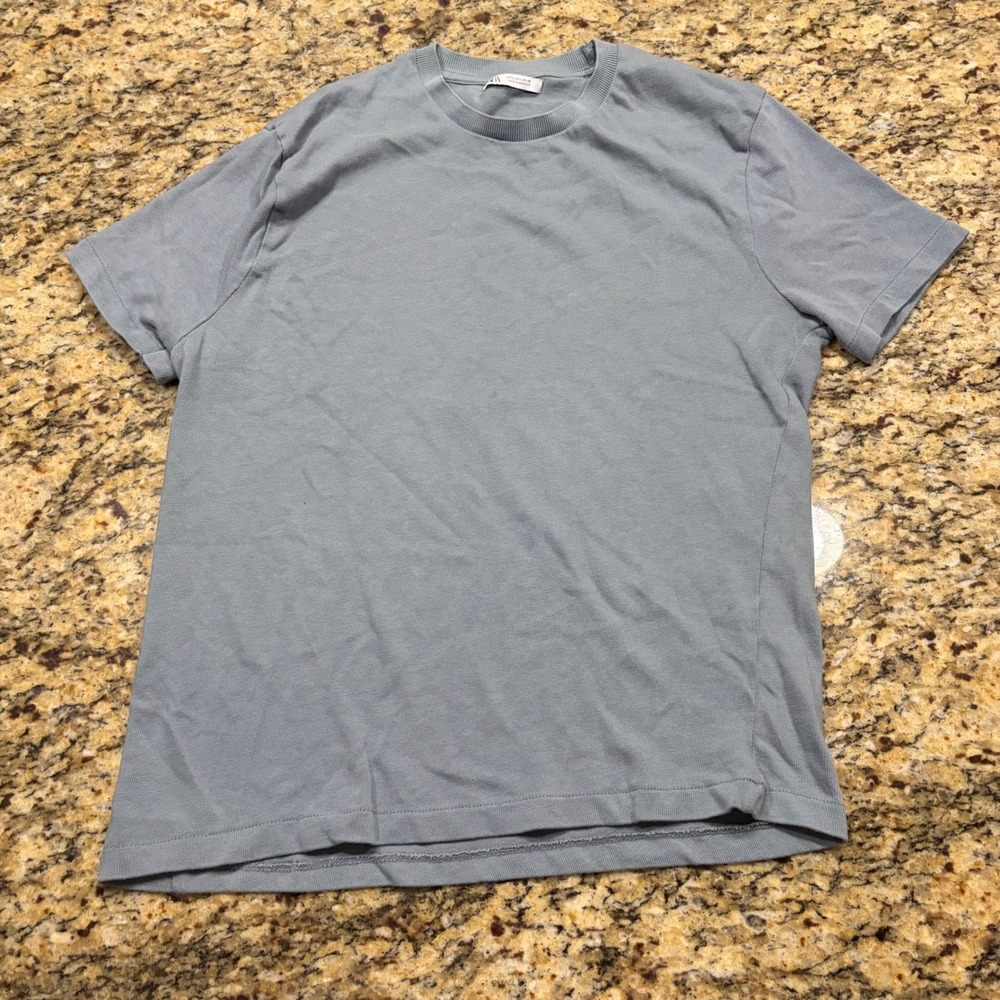 Zara Mens Short Sleeve Crew Neck T-Shirt Light Blue Gray Size Large